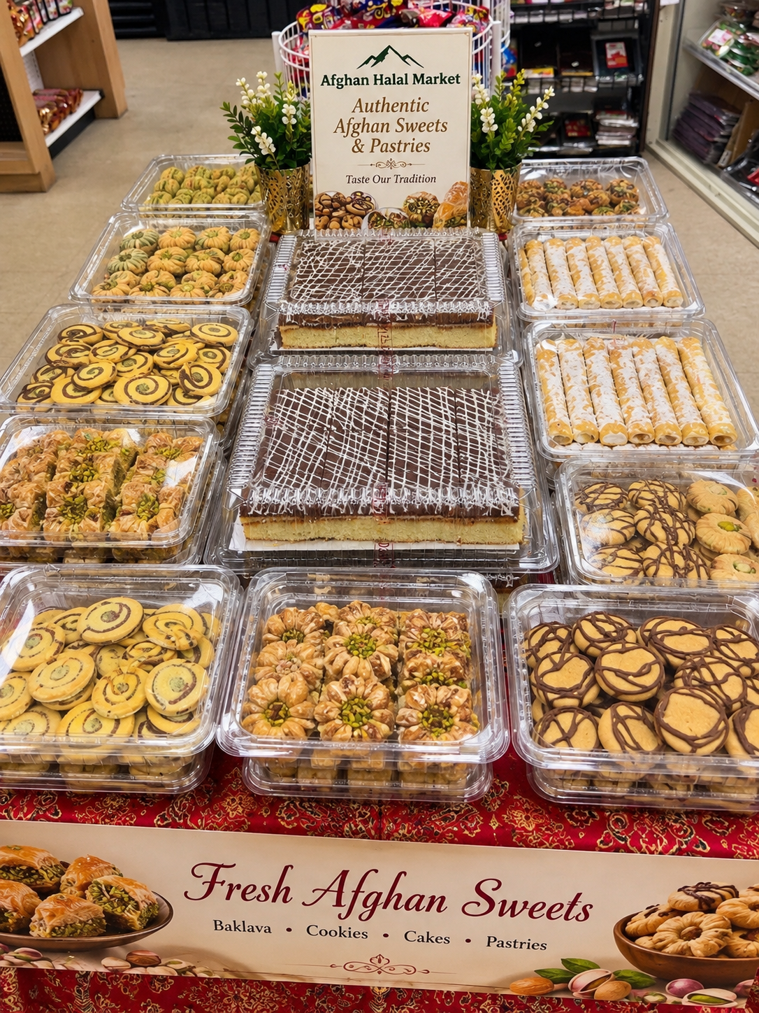 A table filled with Afghan cookies, baklava, cakes, and pastries