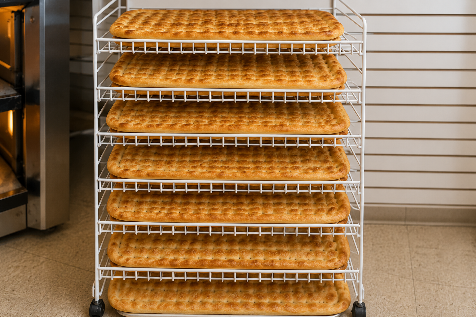 Freshly baked Afghan flatbread cooling on bakery racks