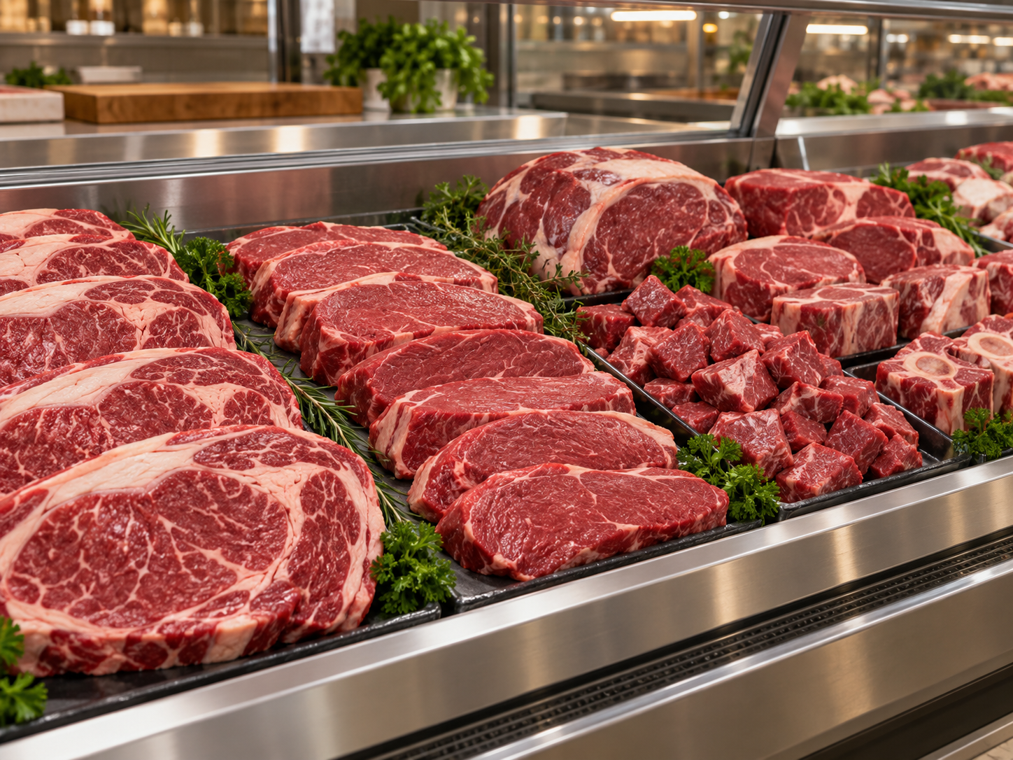 Fresh beef cuts displayed at a clean butcher counter
