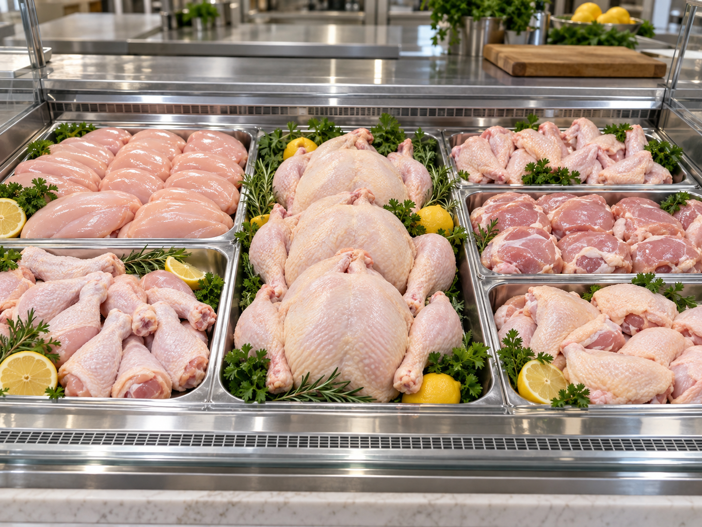 Fresh whole chicken and chicken cuts displayed at a clean butcher counter