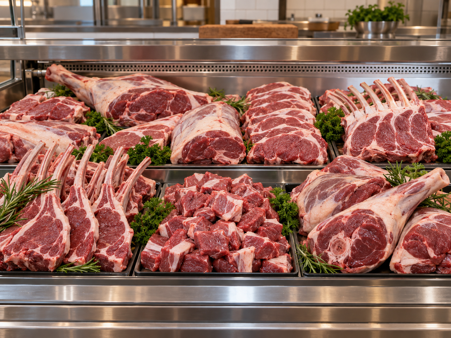 Fresh lamb and goat cuts displayed at a clean butcher counter